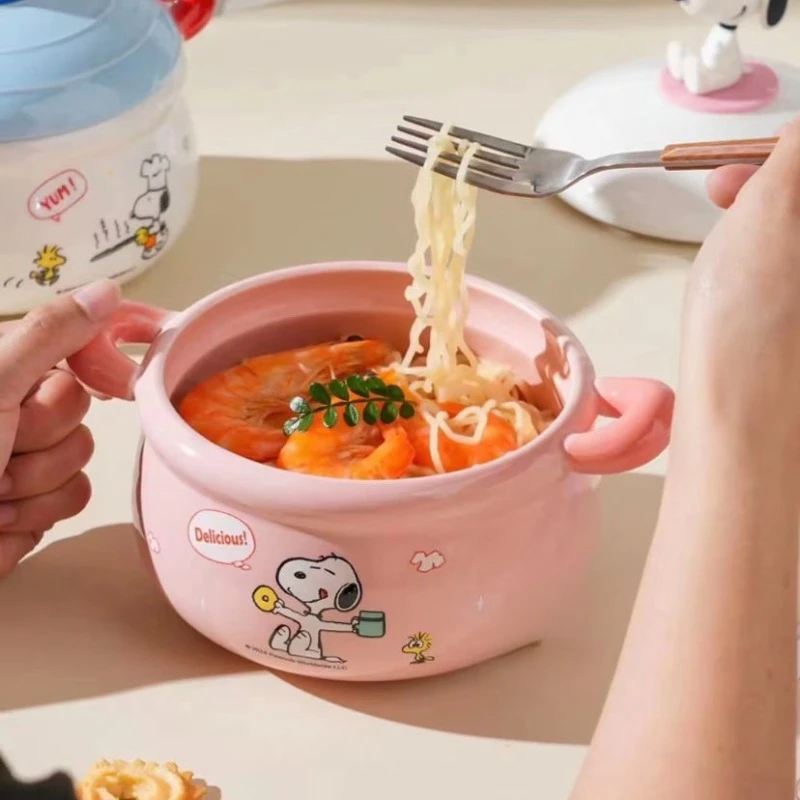 Cartoon Snoopy model doll cute ceramic bowl with lid Kawaii kitchen tableware supplies large capacity instant noodle salad bowl