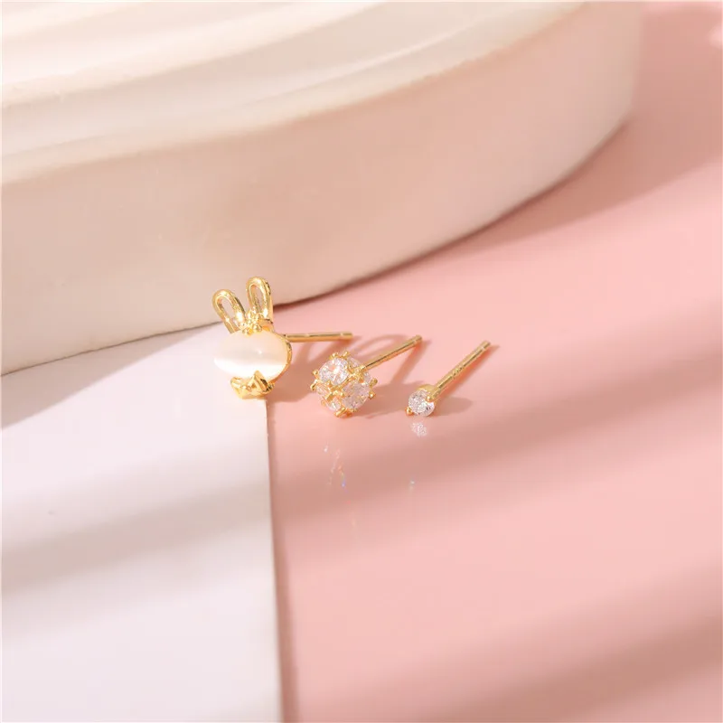 HI MAN 925 Sterling Silver Japanese 3 Pcs/Set Opal Rabbit Geometric Stud Earrings Women Fashion Simple Birthday Jewelry Gifts