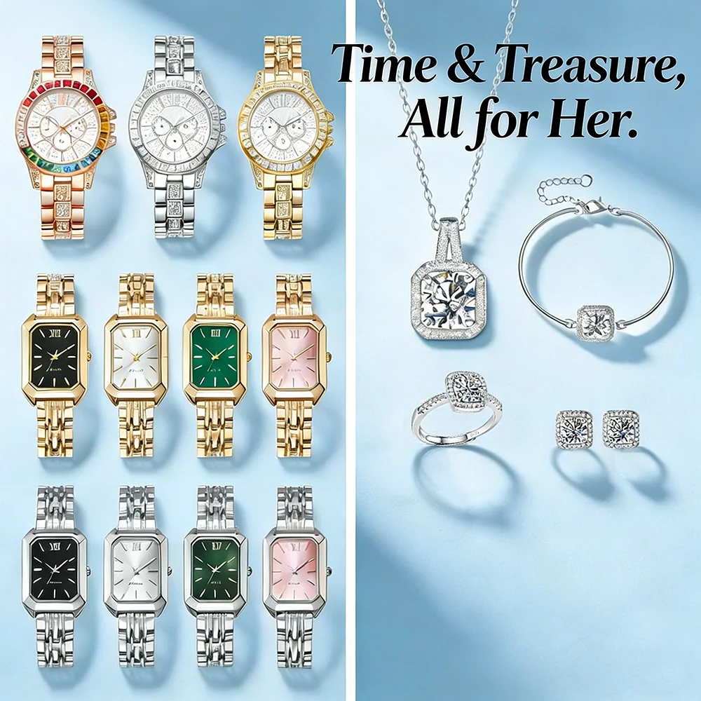 

925 Sterling Silver Women Luxury Watch Jewelry Set Wristwatch Crystal Necklace Earrings Bracelet Ring Set for Wedding Party Gift