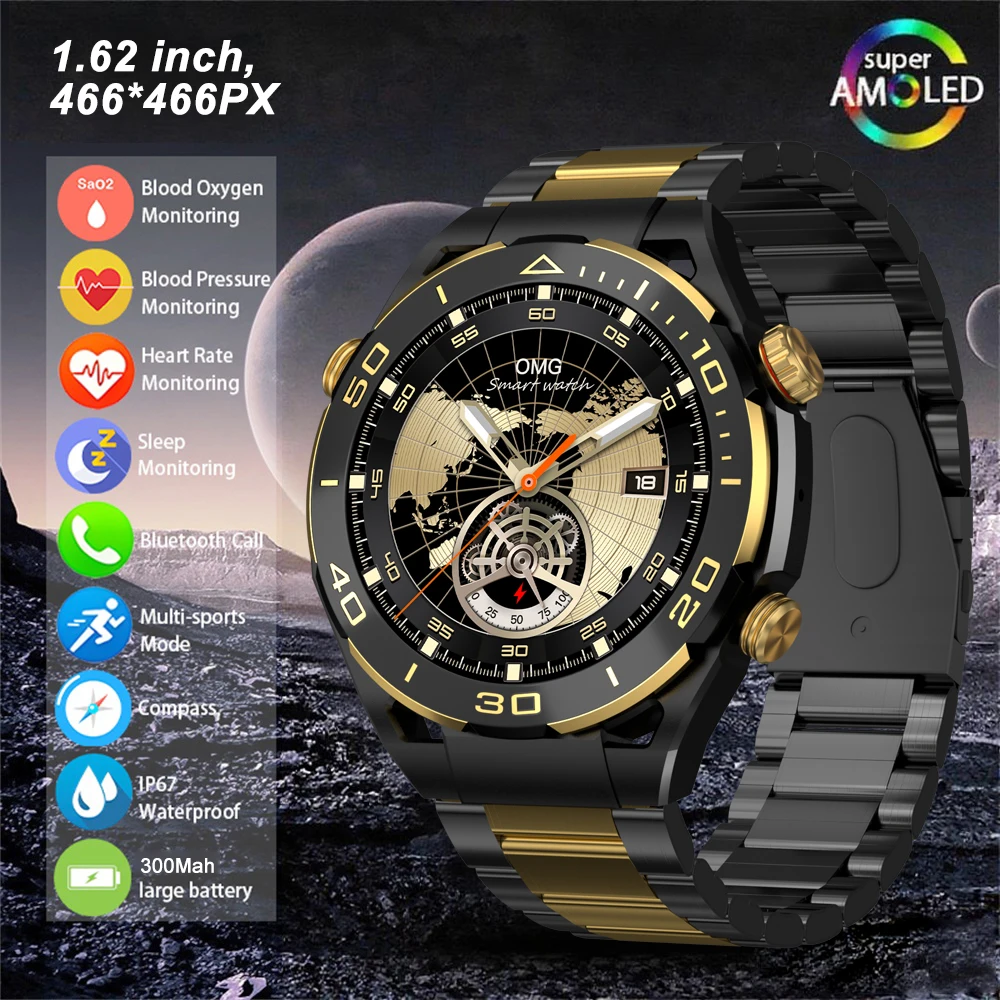 Hotsale Black Gold Stainless Steel Color Smart Watch 1.62 Inch Bt Call Nfc Wireless Charging Smartwatch