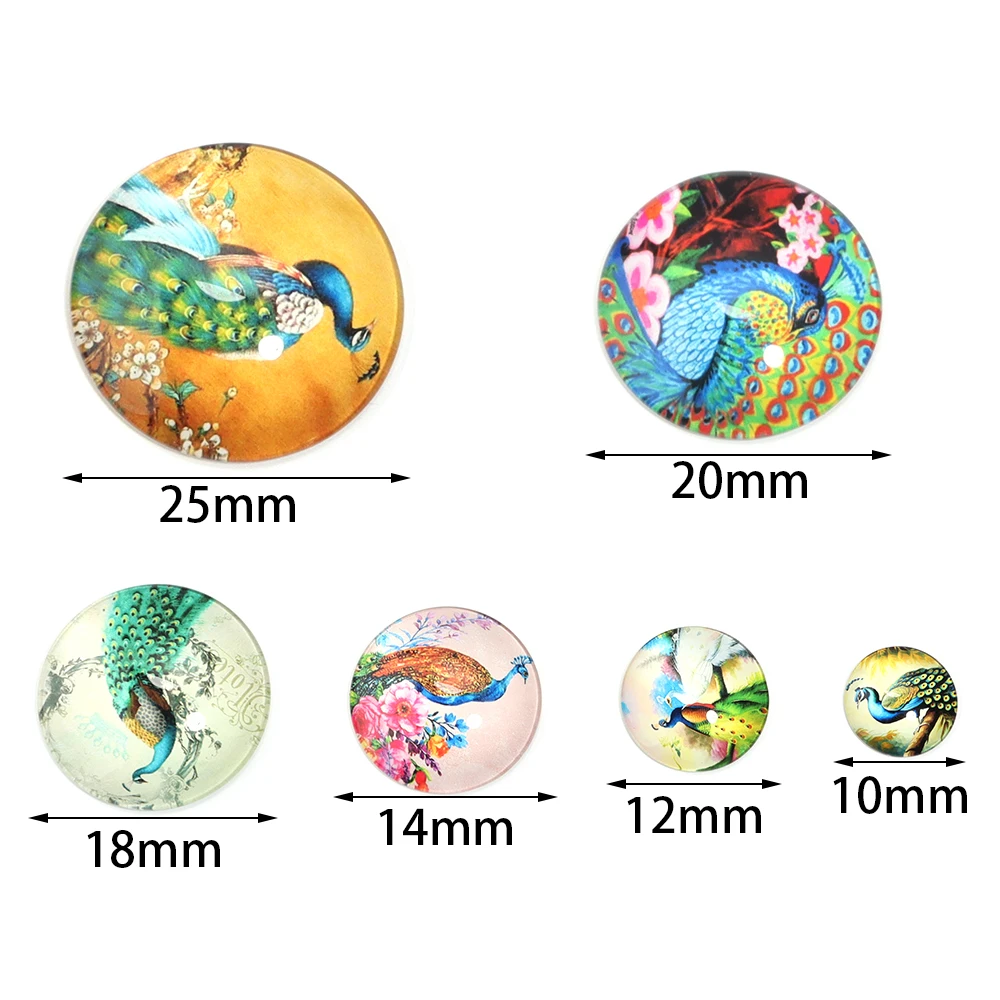 10pcs/lot 10/12/14/18/20/25mm Round Flat Back peacock Pattern Glass Cabochon Cameo Cover for Jewelry Making DIY Accessories