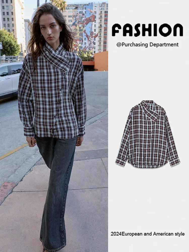 

Spring 2026 Women's Faion Casual Plaid Long Sve Stand Collar Double Breasted irt Versatile Ele Lady's Outerwear
