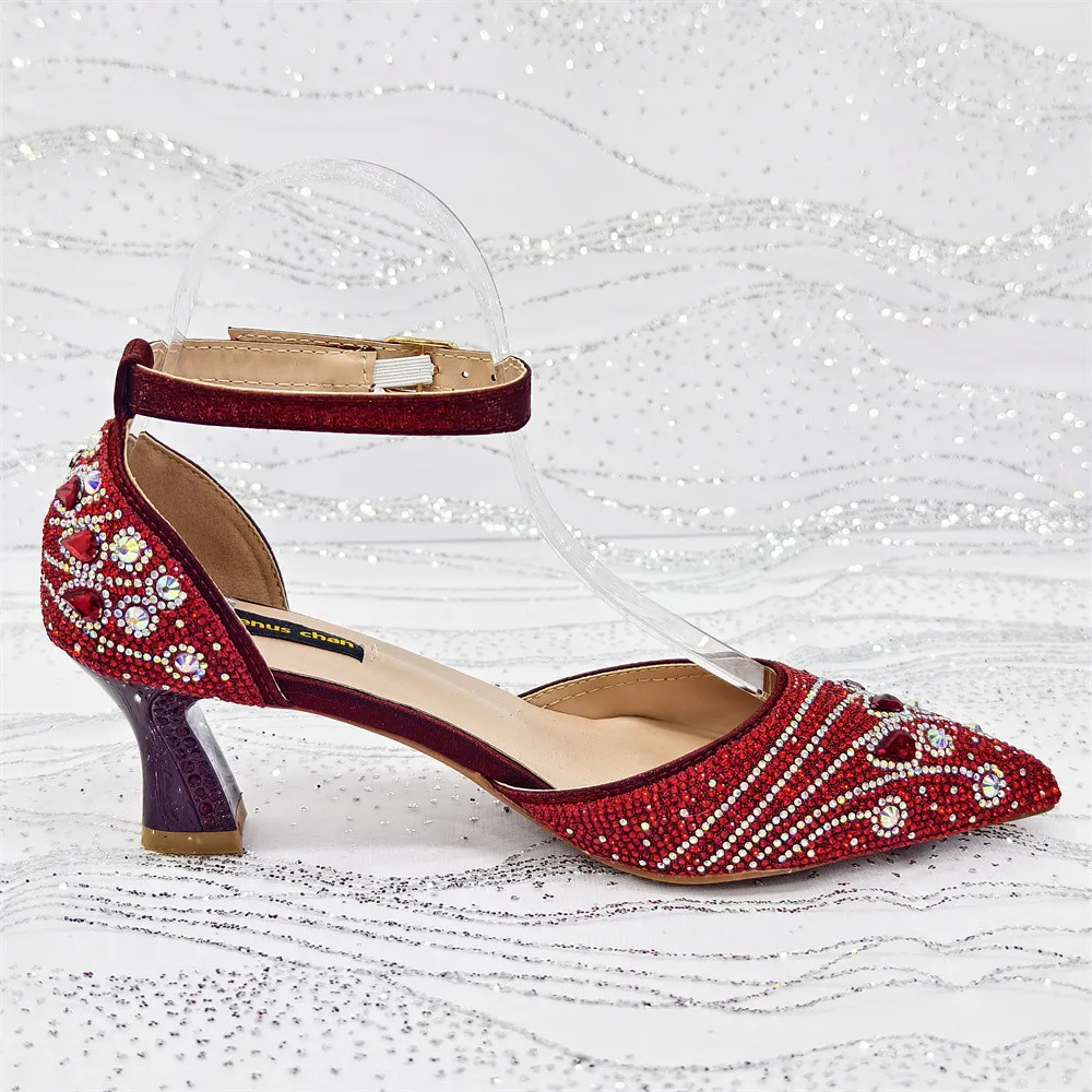 Sandals Woman Mature Style Full of Colorful Rhinestone Decoration Party Wedding Red Color Pointed Toe Lady Shoes and Bag Set