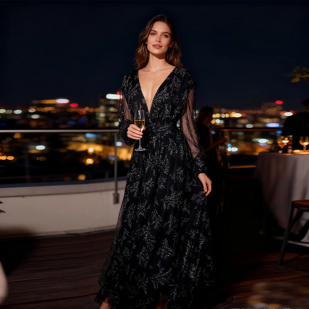 فستان سهرة أنيق جديد برقبة على شكل حرف v طويل 2025 فاخر للنساء بأكمام طويلة لحفلات الزفاف وحفلات الكوكتيل #3