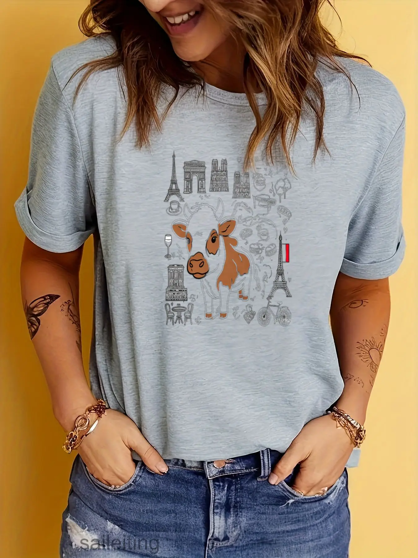 French Cow T-Shirt for Women Men - Cute Paris Eiffel Tower Baguette Wine Beret Graphic Tee, Summer Casual Short Sleeve Top, W