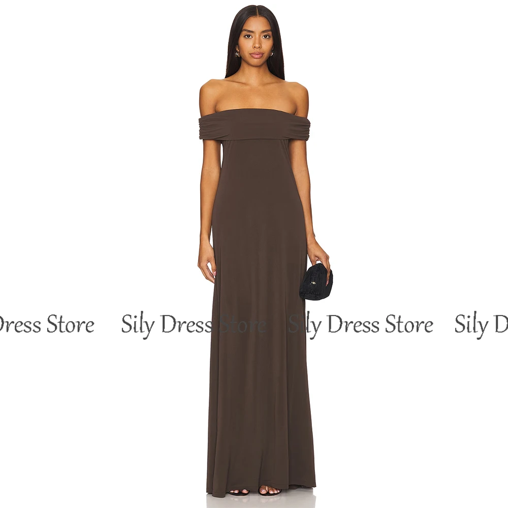 2024 Classic Special Occasion Dresses Spandex Sheath Formal Evening Dress Brown Off-the-shoulder Backless Draped Prom Gown Maxi