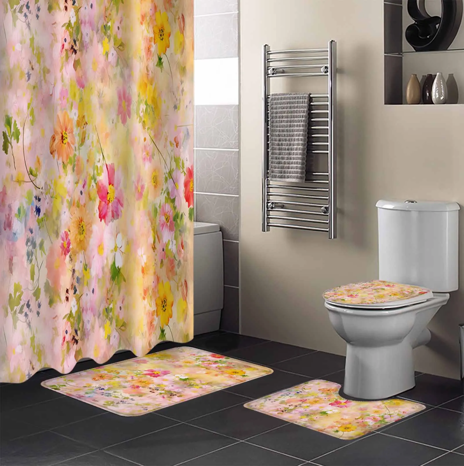 Spring Flowers Oil Painting Abstract Shower Curtain Non-Slip Rugs Toilet Lid Cover and Bath Mat Bathroom Curtains with Hooks