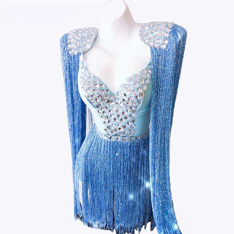 

Singer Party Show Luxury Stone Nightclub Costume Elastic Tassels Catsuit Stage Wear Rhinestones Pink Blue Epaulet Bodysuit