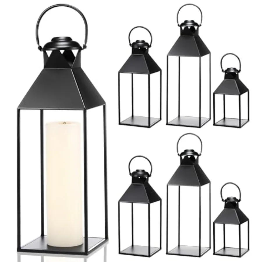 مجموعة من 6 فوانيس شمعة مزخرفة في 19 15 11 مقاسًا مع تصميم جمالي للمزرعة العتيقة باللون الأسود بدون زجاج f
