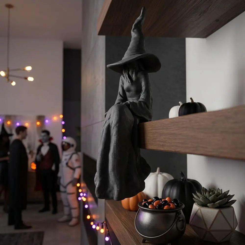3D Printed Halloween Sitting Witch Figurine Gothic Plastic Mystery Witch Ornament Break-Resistant Dark Style