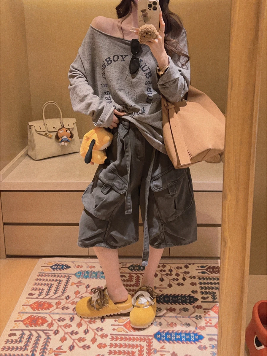 

Yukiss Vintage Washed Straight Leg Wide Leg Five Pocket Women's Jeans Spring Korean Style Multi Pocket Workwear Trousers