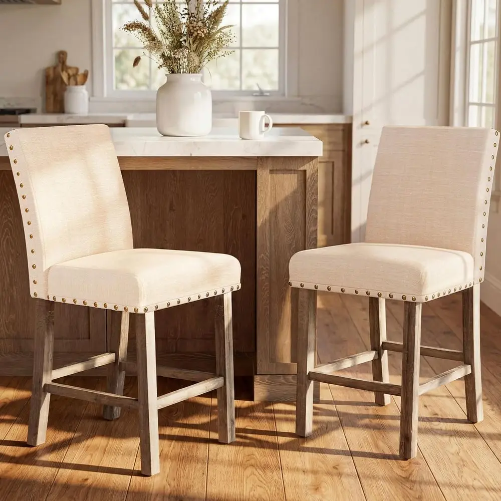 

Pair of 25.5 Linen-Covered Counter Height Bar Stools with Ergonomic Backrests for Kitchen Island or Home Bar, Beige