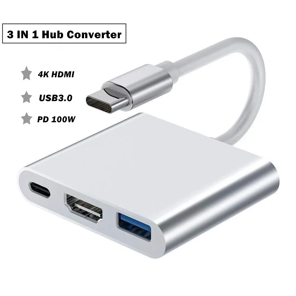 3 IN 1 Hub Converter Adapter USB Type C to USB 3.0 4K 30Hz HDMI PD 100W Docking station