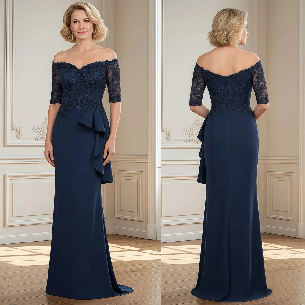 Customized Mother of The Bride Dress Exquisite Off Shoulder V Neck Half Sleeves Lace Beading Wedding Guest Gowns Party Dresses