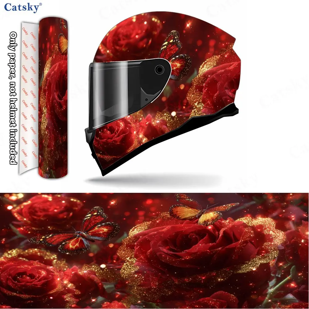 Fiery Roses and Gilded Butterfly Wings Helmet Vinyl Wraps, Waterproof Scratch-Resistant Full Face Helmet Decals, Durable PVC Dec