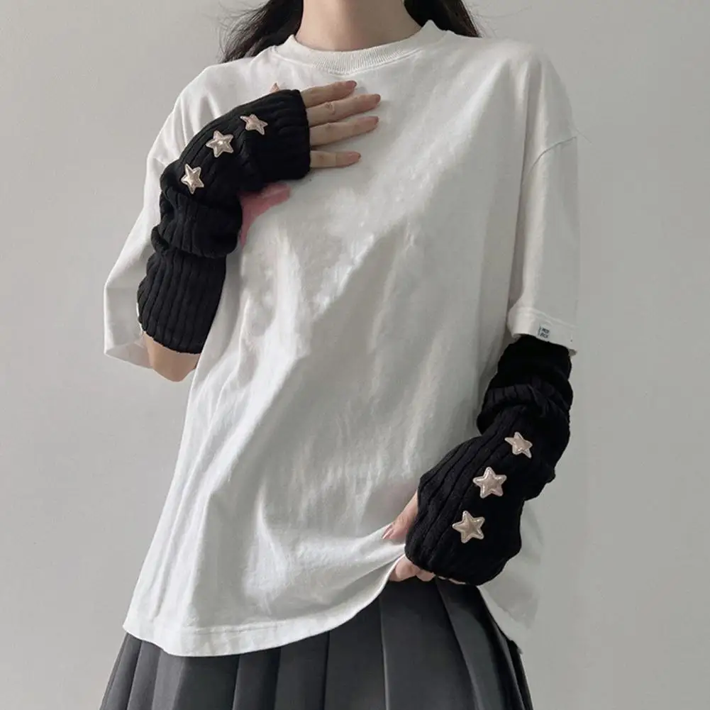 

Women Thermal Hand Sleeves Lolita Style Fingerless Knitted Star Patchwork Arm Sleeves for Women Girl Streetwear Jk Party