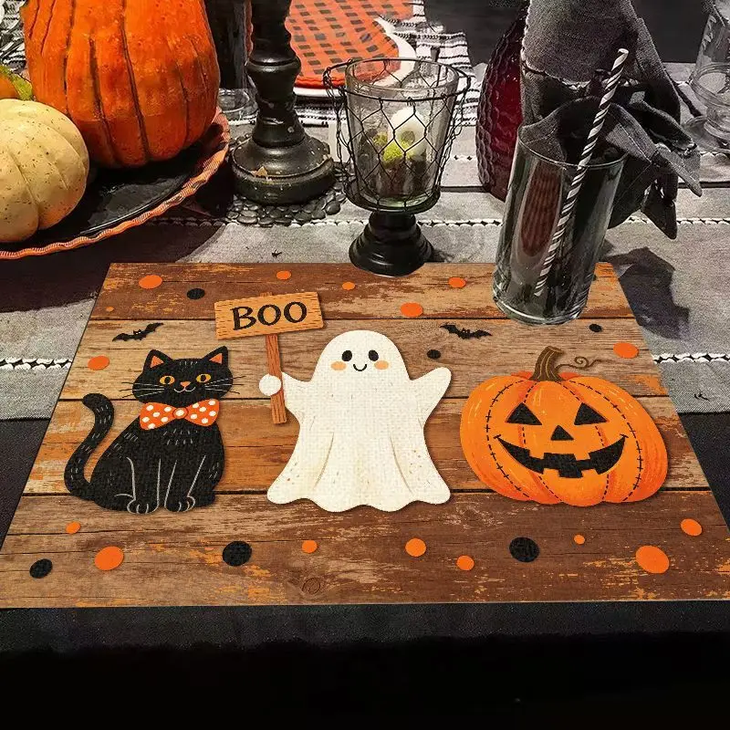 VIKAMA Wooden Board Boo Ghost Cat Pumpkin Halloween Placemat Linen Table Mat Farmhouse Dining Table Party Decor