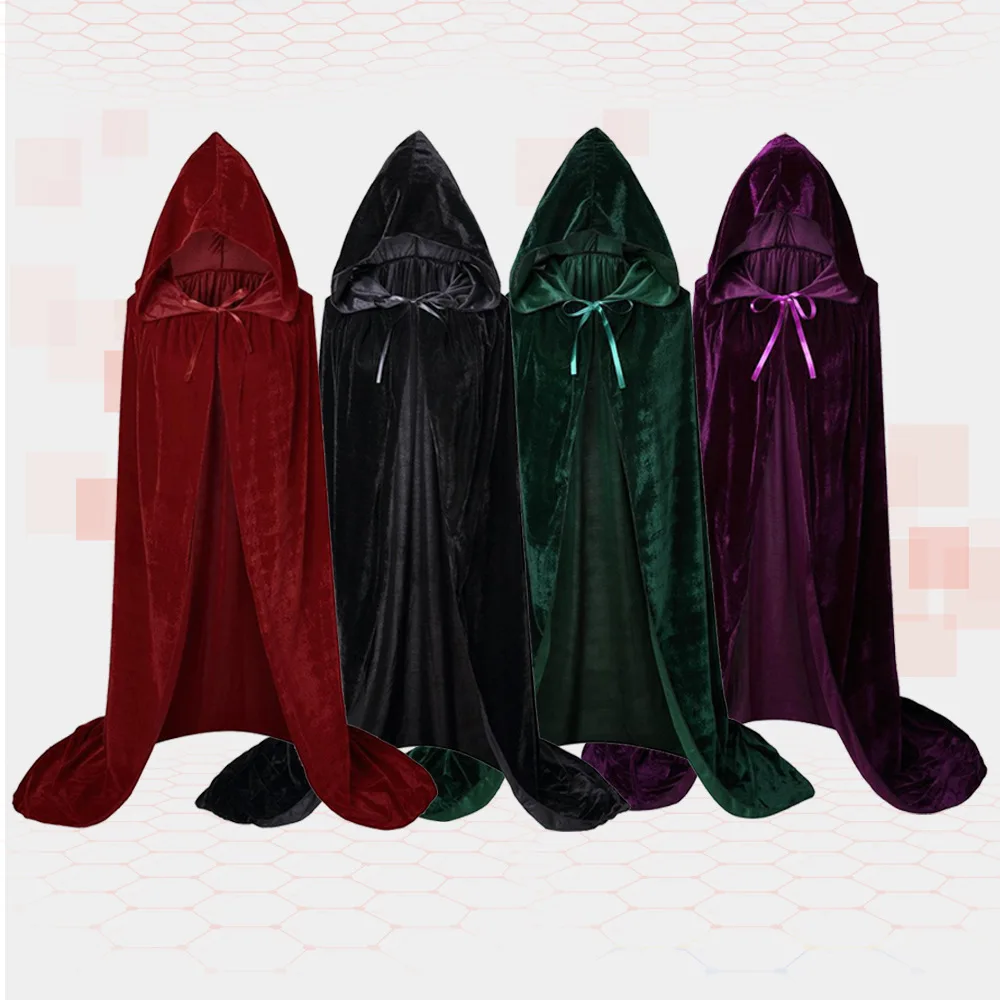 Halloween Thin Velvet Cloak Cape Hooded Medieval Costume Witch Wicca Vampire Man Woman Unisex Solid Color Cosplay Stage Props