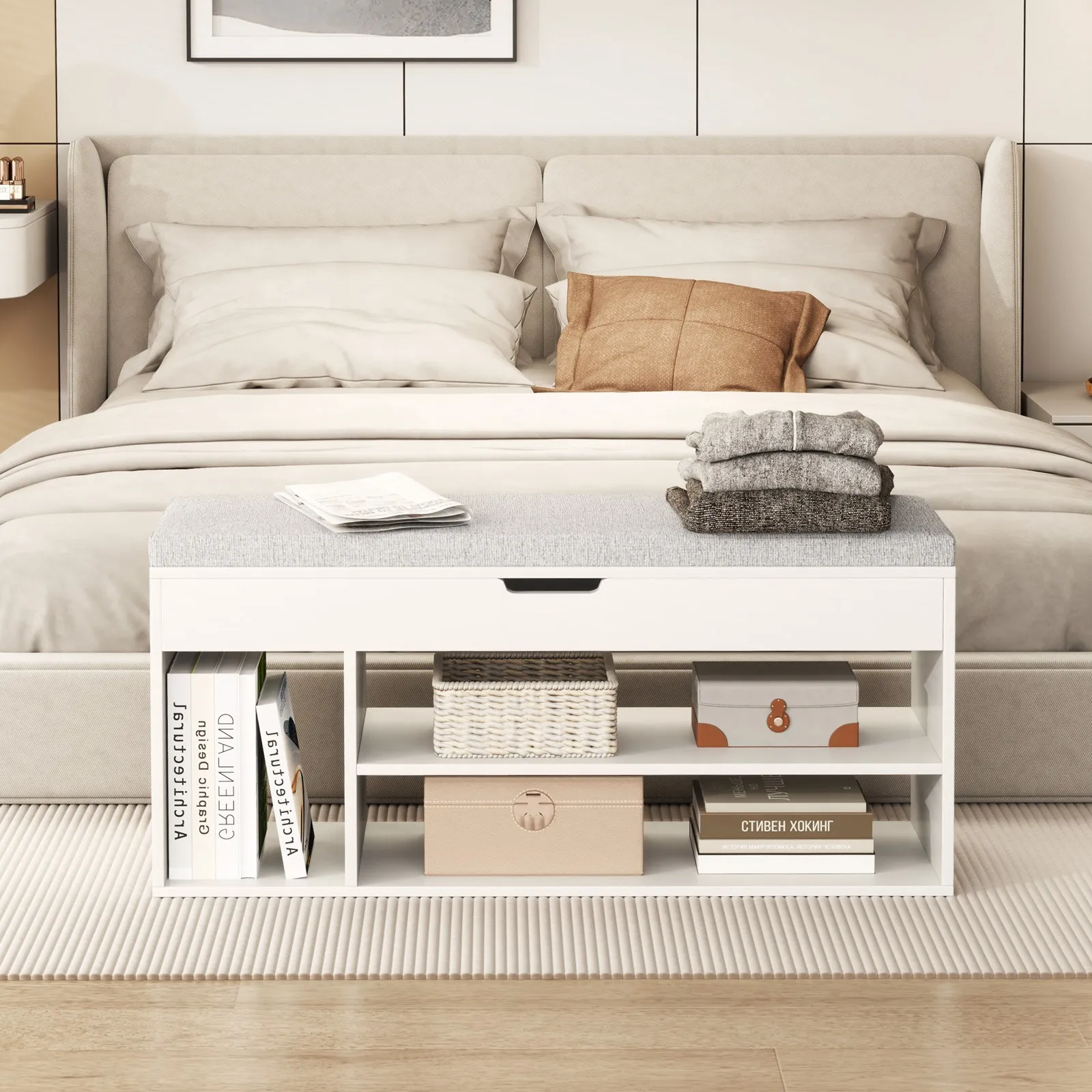 Banc à chaussures Banc de rangement pour chaussures d'entrée à la maison avec siège rembourré et rangement caché