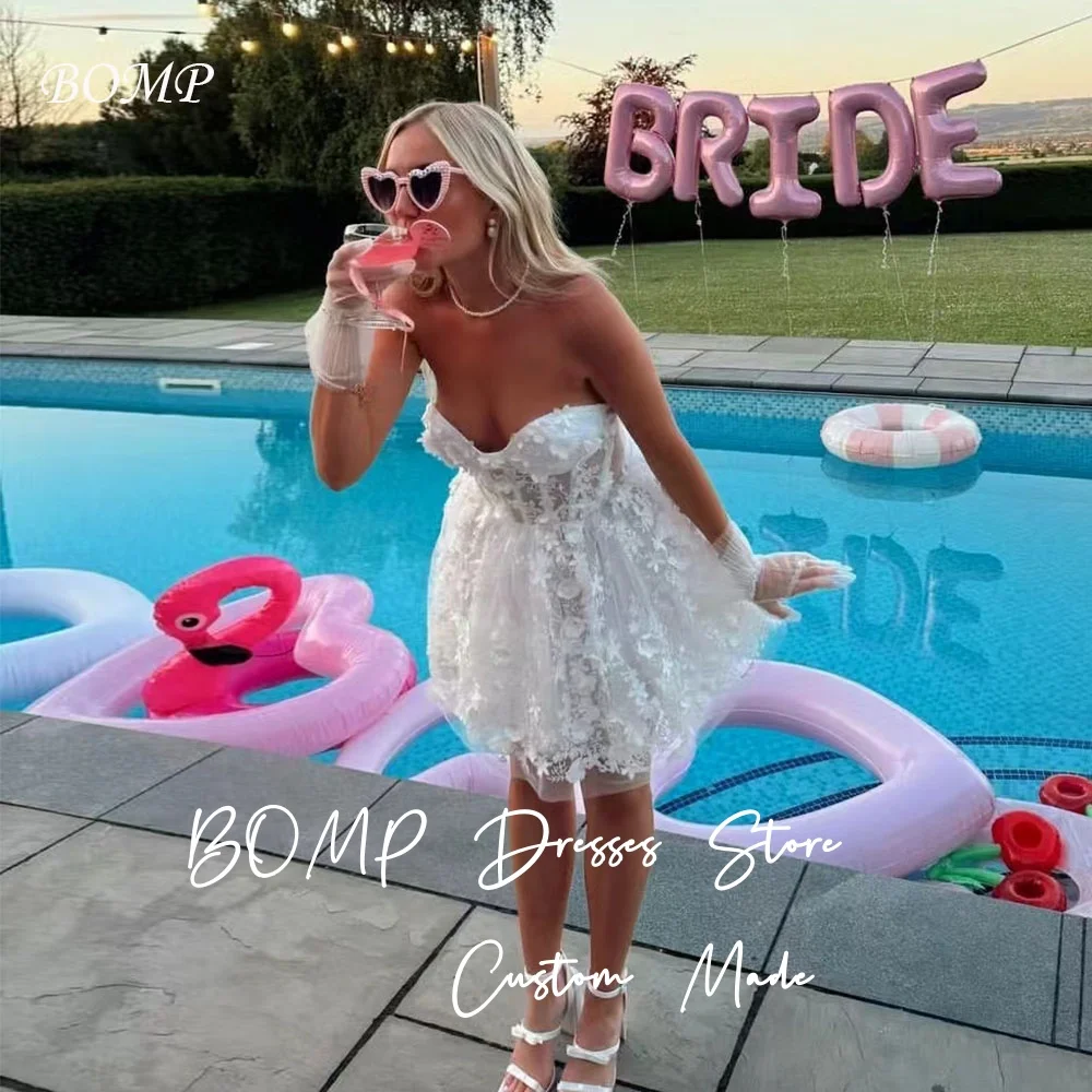 BOMP Exquisite 3D Flowers Wedding Party Dress Strapless A-Line White Tulle Short Bridal Reception Gown Customized Robe De Mariée
