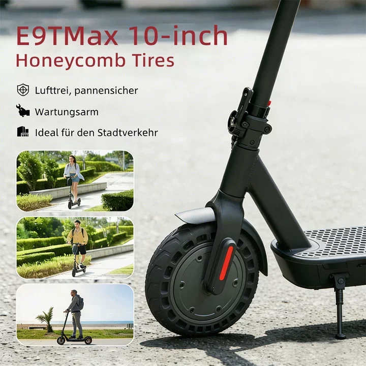 E9TMAX 10-Zoll Elektroroller 500W 36V10Ah 35-40km Reichweite Wabenreifen Hinterradfederung City-Pendler-E-Scooter (ABE) mit App – Detail 9