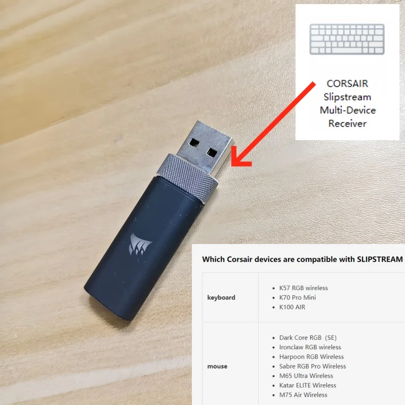 

Приемник USB-ключа для Corsair HS80 Wireless、VIRTUOSO XT Ironclaw Harpoon、K70 PRO MINI、K100 — поддерживает технология SLIPSTREANM