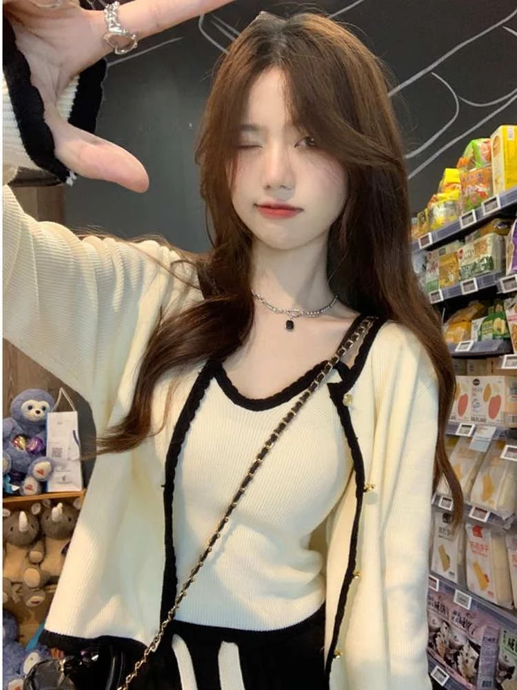Chic Korean Sle Women's Long Sve Crop Top And Vest Set Slim Fit Casual Outfit Two Piece Ensemble Autumn Faion