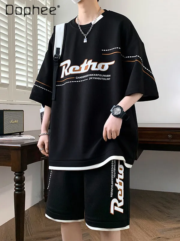 Summer Men's Black White Coffee Color Round Neck Letter Print Short Sleeve T-Shirt Loose Casual Shorts Two-Piece Set
