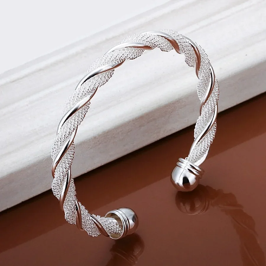 Lady Wedding Christmas Gift 925 Sterling Silver Jewelry Retro Fashion Women Personality Twisting Line Net Round Bracelet