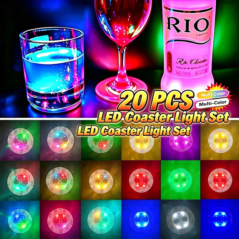 20 PCS LED Coaster Light Set Self‑Adhesive Bottle Stickers Glow In Dark Party Wine Cup Decorative Lights for Event Club Wedding