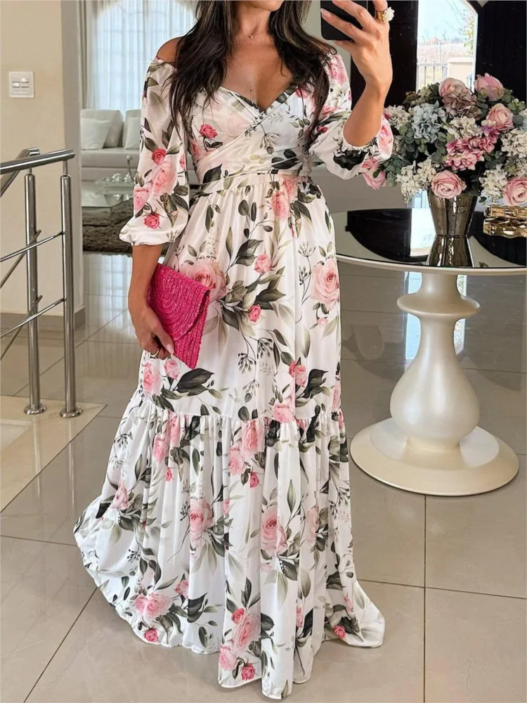 

New Casual Women's Dresses Spring And Summer New Elegant And Fashion Printed Lace-up V-neck Big Sway Dress For Women Robe Femme
