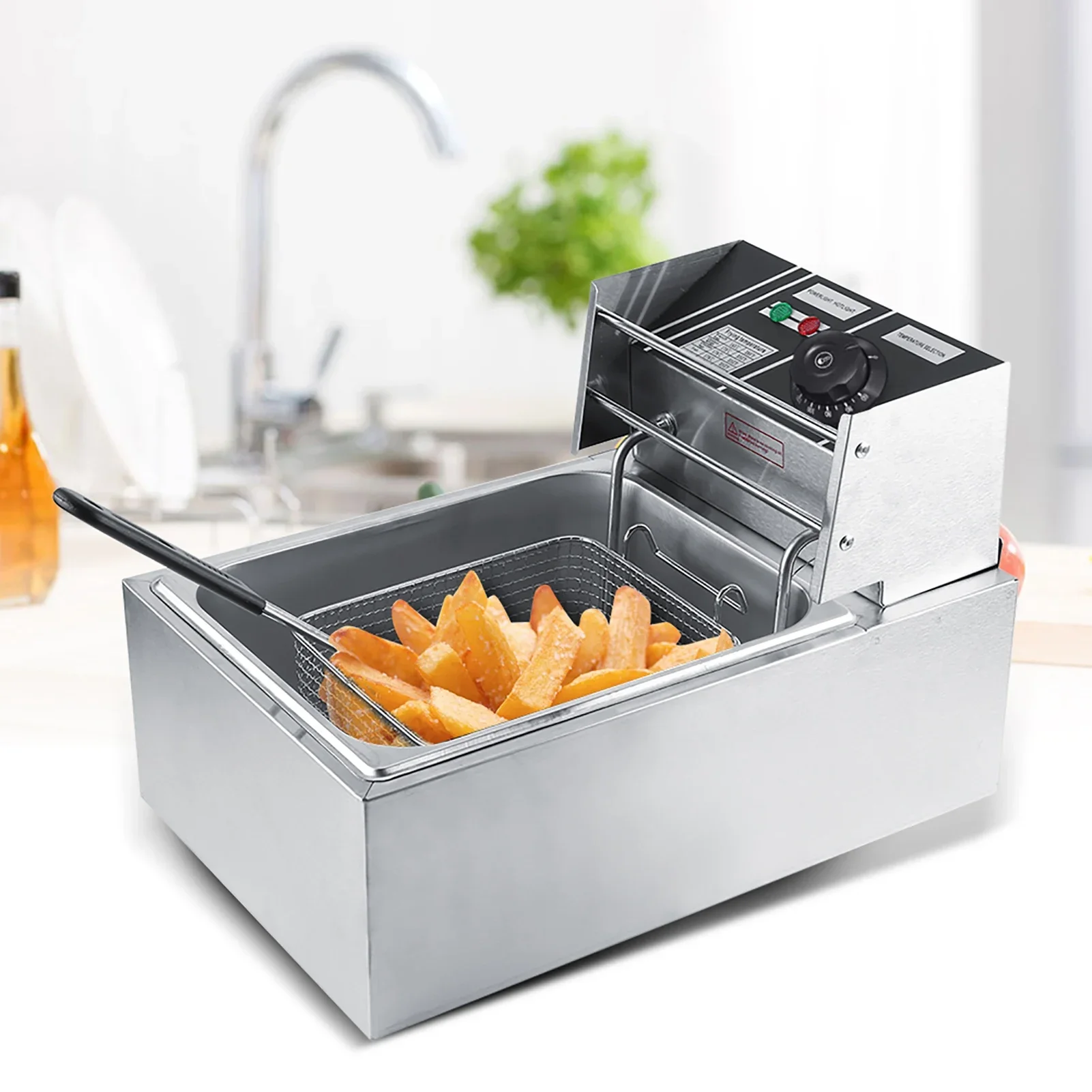 6L elektrische Fritteuse aus Edelstahl mit Korb für den gewerblichen und privaten Gebrauch.