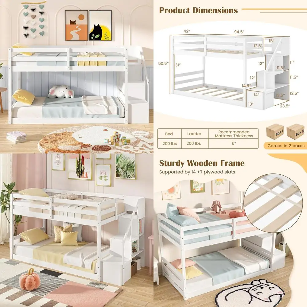 

Прочная белая двухъярусная кровать с лестницей-хранилищем и полноразмерными ограждениями для детей, подростков, взрослых и общежитий