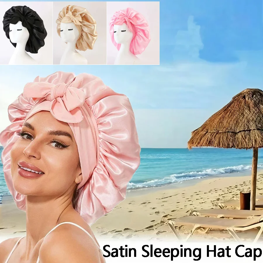 New Satin Solid Sleeping Hat Cap Wide Band Stretch Head Tie Silky Bonnet Edge Wrap Nightcap Hair Care Shower With Stretchy Tie