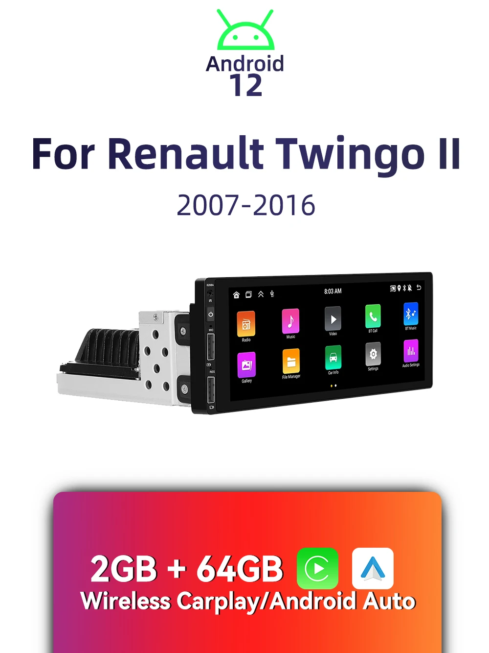 CarPlay Android Autoradio 1 Din Head Unit voor Renault Twingo II 2007-2016 Autoradio met Navigatie BT Multimedia - afbeelding 2