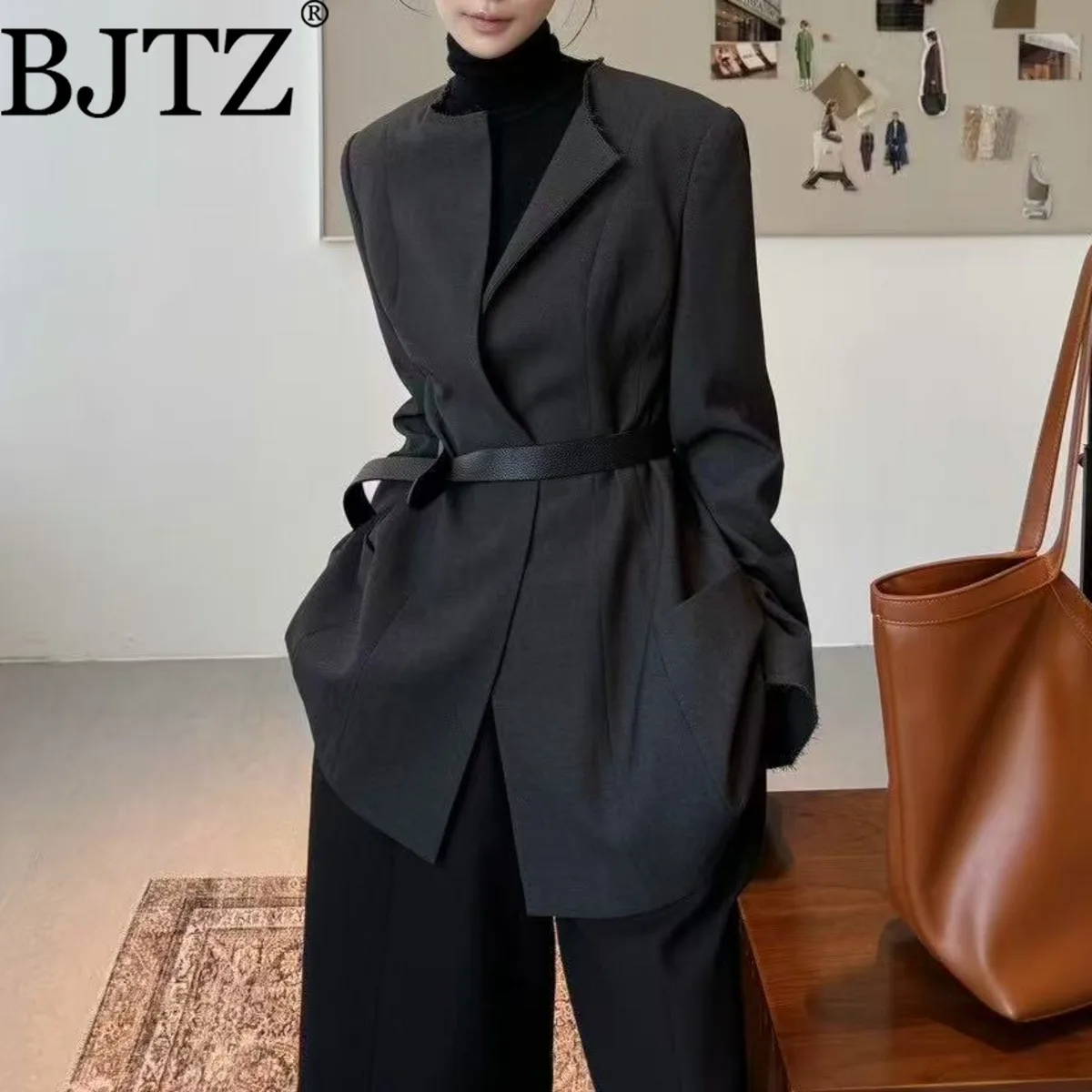 

BJTZ Temperament Fashion Chic Designer High-end Top Jacket For Woman 2025 Spring Autumn Belt Waist Long Sleeve Designer Outwear