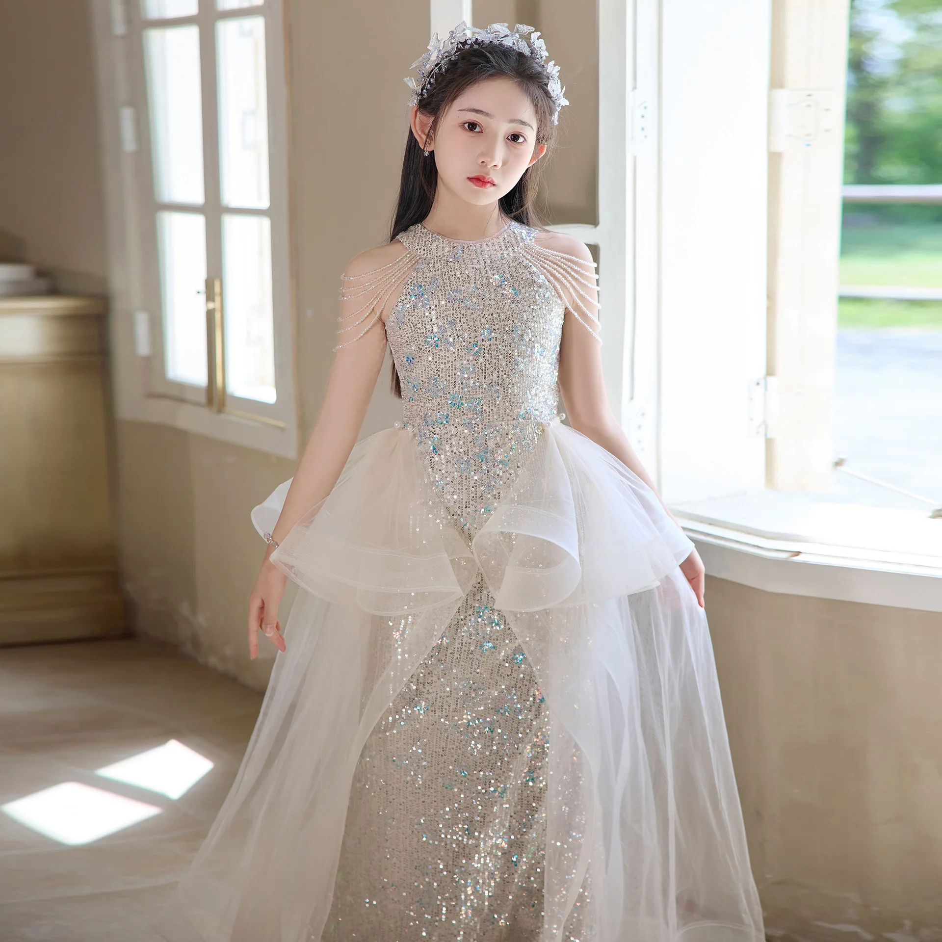 

Sequin Mermaid Evening Gown Elegant Dress For Girl Wedding Birthday Dress Luxury For Girls Princess Dress Girls Pearl Tulle Prom