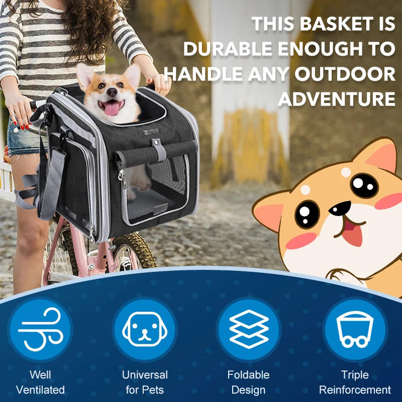 Fahrradkorb für Hunde oder Katzen, erweiterbarer, weicher Haustier-Trägerrucksack mit 4 offenen Türen, faltbarer Hunde-Fahrradträger – Detail 6