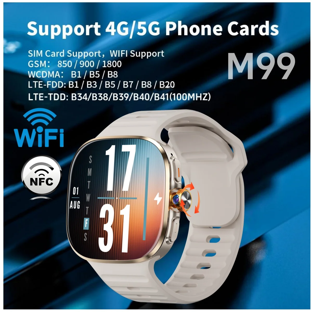 

M99 4G Full Netcom Смарт-часы Android 10.0 2,4-дюймовый AMOLED-экран 900 Вт Вращающаяся камера GPS WiFi NFC Компас Смарт-часы для мужчин