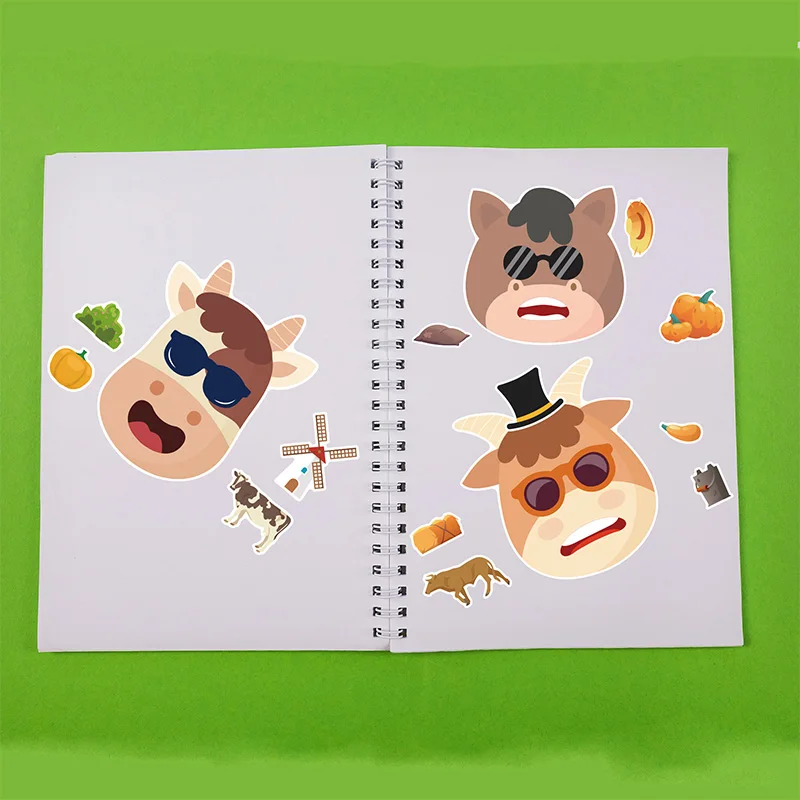 6 Sheets/Set Farm Animals Assembled Sticker Kids DIY Make Animal Facial Expression Stickers Creative Toys Gift