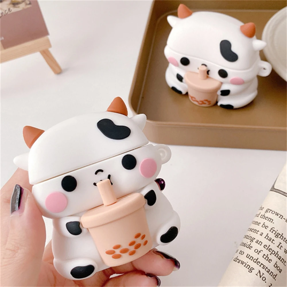 Kawaii Cute Cartoon 3D Milk Tea Cow Soft Silicone Protective Shell Soft Case For Airpods Pro 2 Lovely Cover For Airpods 1 2 3