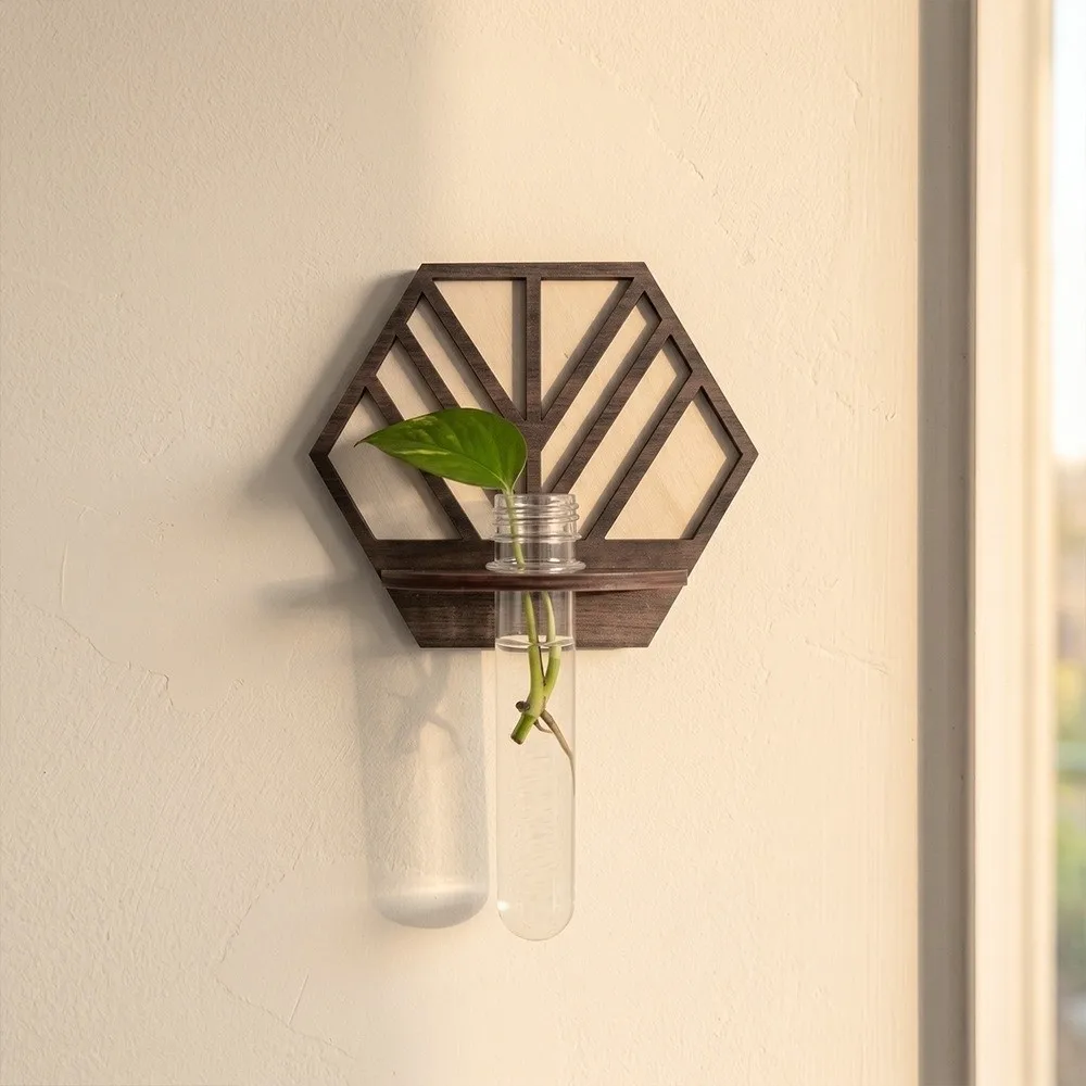 Wooden Hydroponic Plant Holder Geometric Wall Decoration Wall Mounted Planter Hollow Out Vase Wall