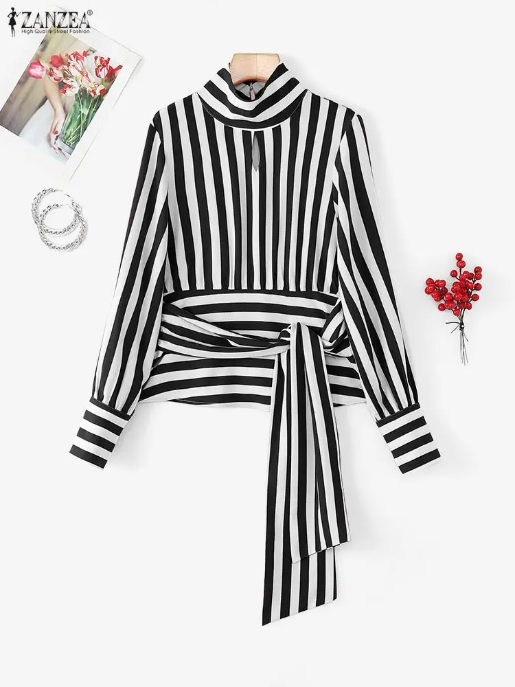 ZANZEA, blusas a rayas con lazo en la cintura para mujer, moda de otoño 2025, Tops de cuello alto recortados de manga larga, ropa de calle para mujer
