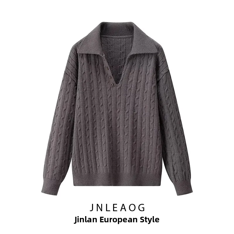 

Модный однотонный вязаный топ с воротником для женщин, осенний новый универсальный дизайн, длинный топ из полиэфирного волокна