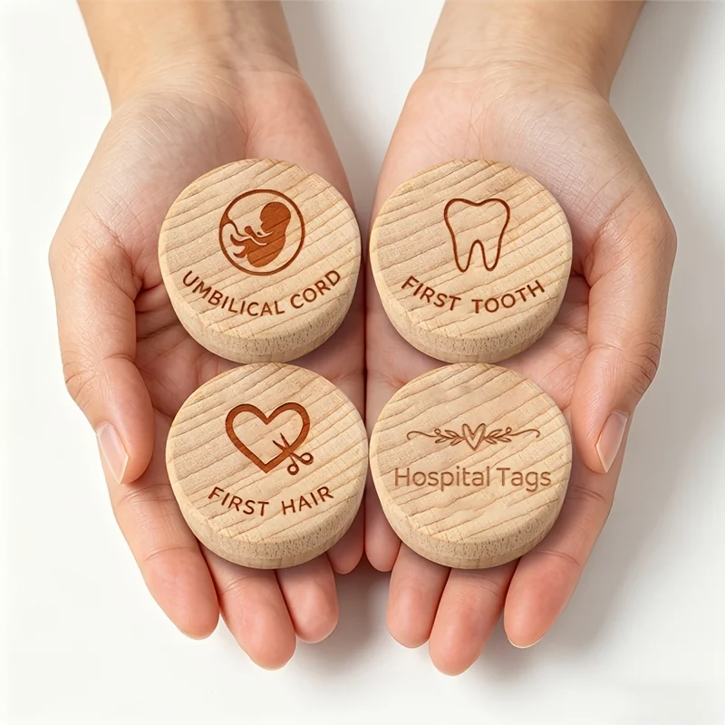 4PCS Wooden Storage Box Infant Deciduous Teeth First Haircut Memorial Heart Motif Newborns Preserve Cherished Milestones Early