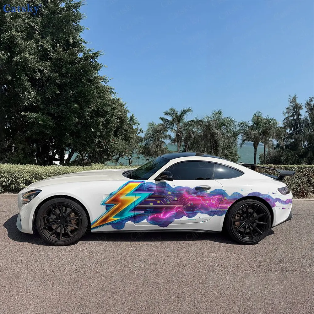2pcs Gradient Neon Lightning Circuit Car Side Wrap, Self-Adhesive PVC Waterproof & Scratch-Resistant Sticker, Car Accessory Gift