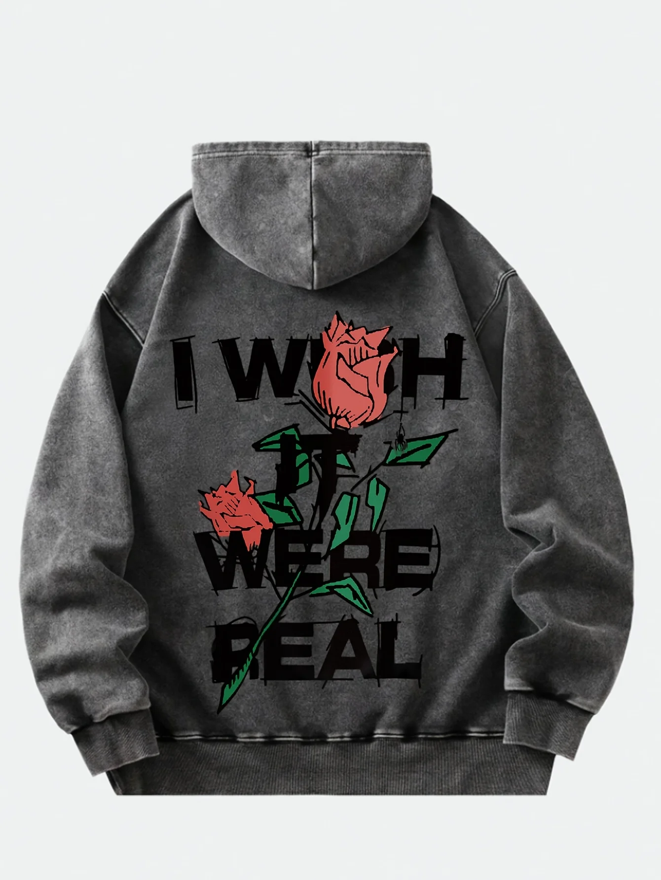 

Men's Vintage Washed Hoodie with Rose & "I Wish We Were Real" Print - Black & Red Graphic Pullover, Loose Fit Streetwear Sweatsh