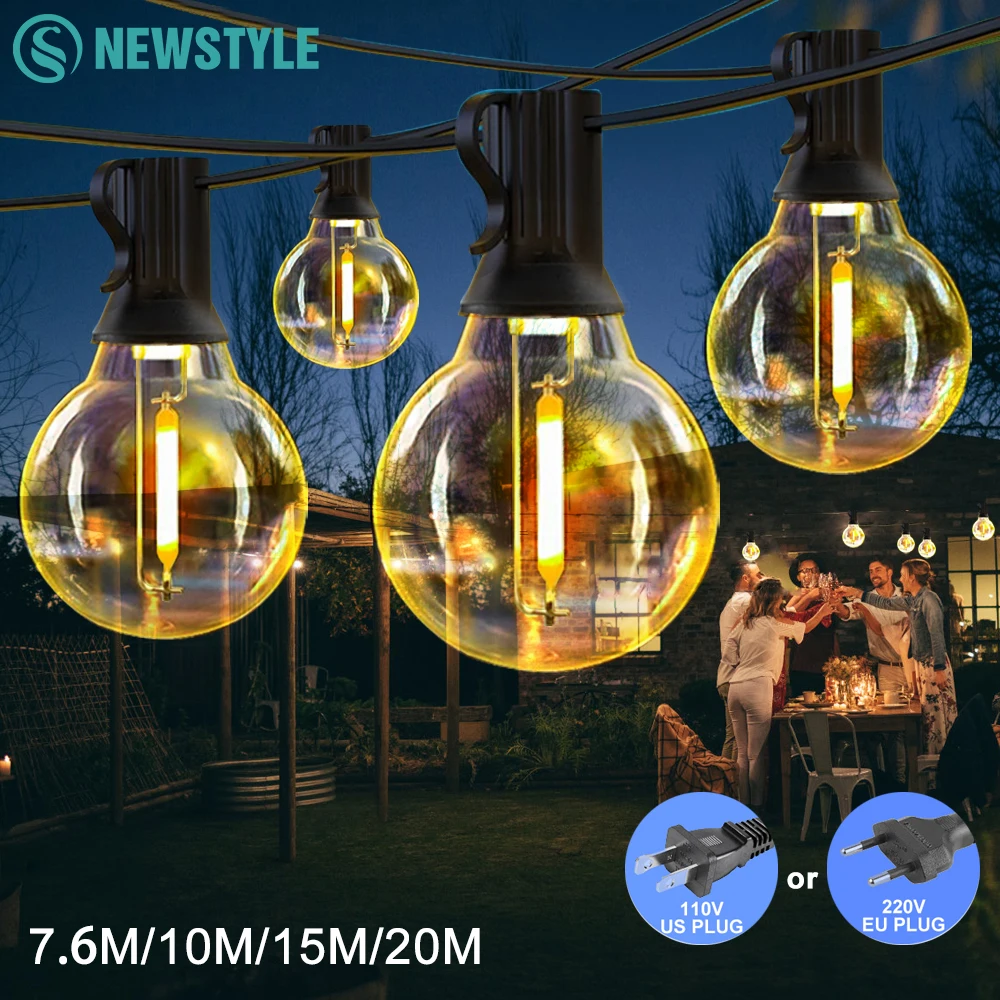 LED 7.6-20M G40 Ball String Lights Dimmable Waterproof Patio Light Warm White Clear Bulb EU US Plug for Outdoor Camp Party Decor