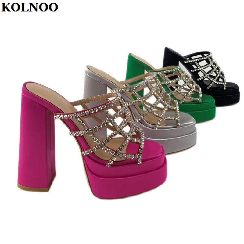 

Kolnoo New Handmade Style Women Chunky Heels Slippers Crystals Peep-toe Summer Sexy Sandals Evening Fashion Party Hot Sale Shoes