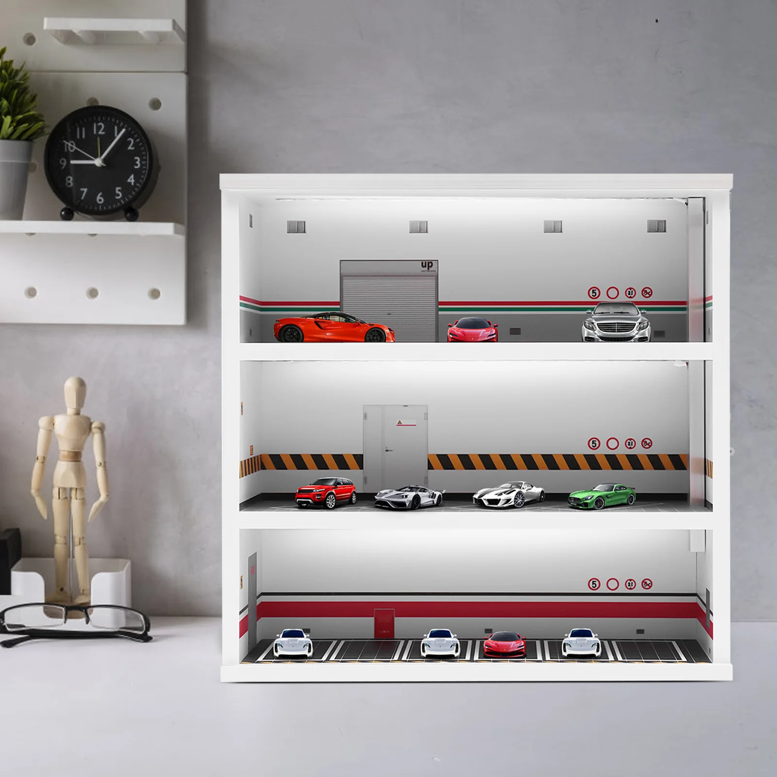 علبة عرض المرآب مع أضواء LED نموذج عرض السيارة عرض القضية 1:64 مقياس مشهد مساحة مواقف السيارات الصغيرة القابلة للجمع